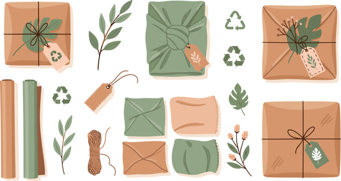 Eco-friendly packaging set with wrapped boxes, paper, leaves and recycling elements cartoon vector illustration