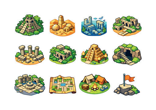 Lost cities. Colorful isometric vector icons set of Lost cities: jungle covered ruins, desert buried city, submerged city ruins, ancient road