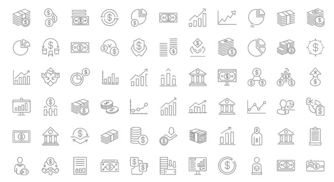 Collection of financial icons depicting money growth and economic concepts