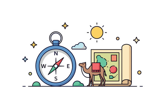 Ancient exploration journey a classic compass and rolled map placed beside a small caravan camel silhouette and desert sun symbolizing adventurous travel