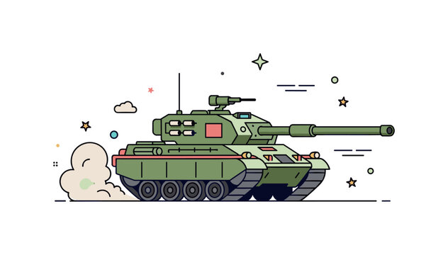Heavy armored transport a military tank moving forward with dust motion accents and strong geometric shapes symbolizing power and durability on the