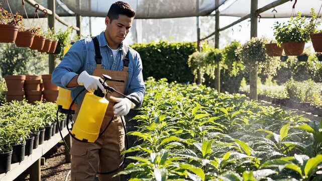 Male gardener spraying plants with a handheld sprayer in a sunny greenhouse. Agricultural worker applying pesticide or fertilizer mist to green leaves. Plant care and pest control concept
