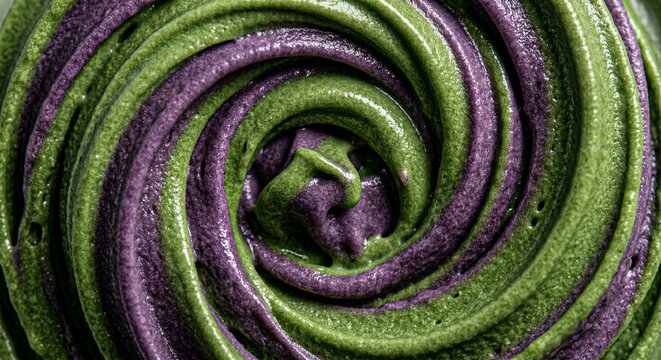 High Angle View of a Single Scoop of Swirled Ube and Matcha Ice Cream with Powdery Texture and Ice Crystals in a Grey Bowl on Textured Concrete Background with Copy Space