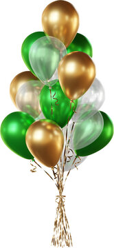 Balloon bouquet in green, gold, and transparent white, isolated on a transparent background. A bunch of realistic balloons for St. Patrick&rsquo;s Day, eco-themed, and spring party designs.
