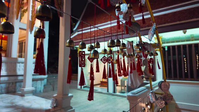 Row of bronze wind bells hanging in Thai Buddhist temple garden, Traditional sacred temple bells along railing with tropical foliage 4k