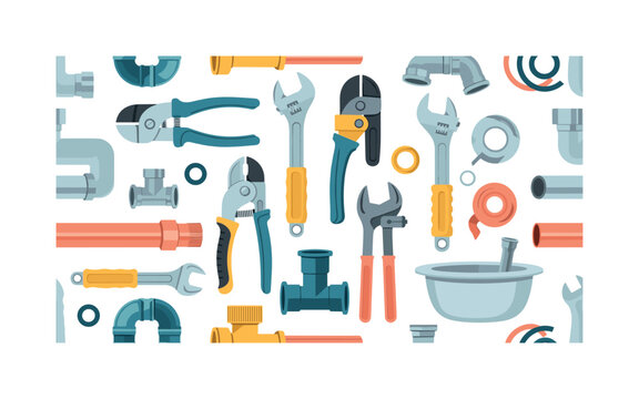 plumber toolkit with pipe cutters, wrenches, seals and pipes in decorative arrangement, seamless pattern, repeating pattern, surface design, textile print,