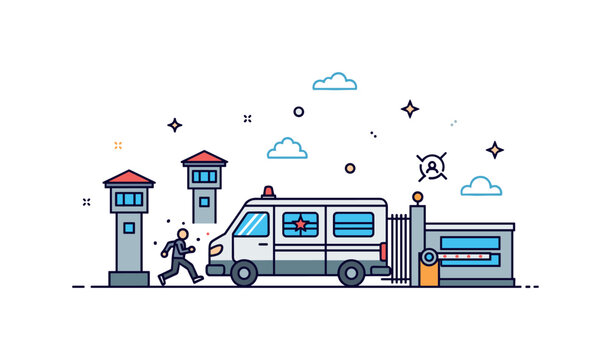 Justice system prisoner transport centered on a correctional van leaving a facility gate with small guard tower icons in the background. The scene reflects