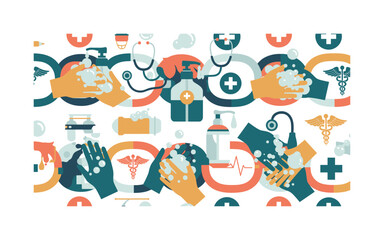 Fototapeta premium hospital hand hygiene practice seamless pattern, hands being washed sanitizer pumps soap bubbles and medical symbols arranged in a repeating pattern, white