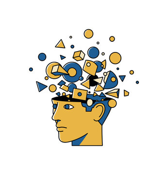 cartoon head exploding into geometric confetti pieces, circular and triangular shapes flying in all directions to suggest mental overload, mustard yellow and