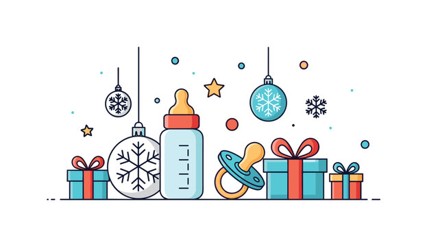 Winter baby celebration centerpiece featuring a baby bottle and pacifier placed among snowflake ornaments and wrapped presents. The sweet decorative scene