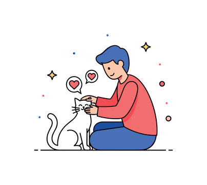 Pet and owner bonding moment person sitting beside a cat while gently petting it and small heart icons emphasize trust and companionship. Warm illustration