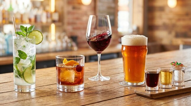 Diverse alcoholic drink selection on bar counter. Cocktail, red wine, beer and shot glass lined up in restaurant. Beverage variety for celebration, party, nightlife and relaxation.