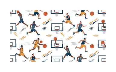 Fototapeta premium Basketball fast break dunk seamless pattern, players sprinting down the court finishing fast break dunks with hoops basketballs and motion arrows arranged in a
