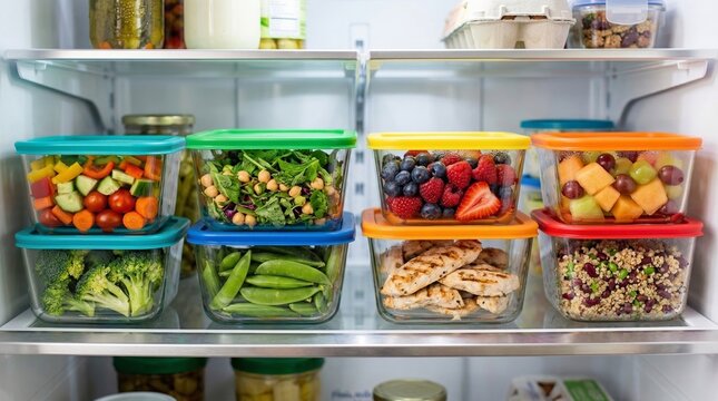 Glass containers with healthy food inside refrigerator. Meal prep with fresh vegetables, fruit, chicken and salad for nutrition planning. Balanced diet and healthy eating lifestyle concept.