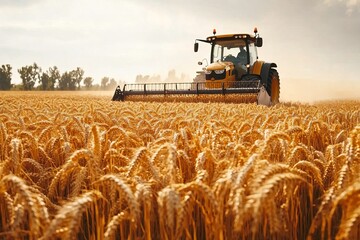 Fototapeta premium Golden Wheat Harvest A Gleaming Tractor in a Vast Field Capturing the Essence of Rural Beauty