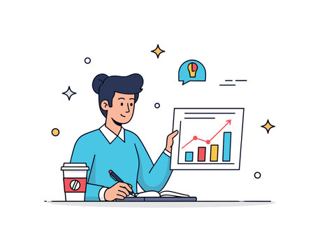 A marketing professional reviewing growth charts with a coffee cup nearby, highlighting focus, analytical thinking, and the evaluation of campaign results.