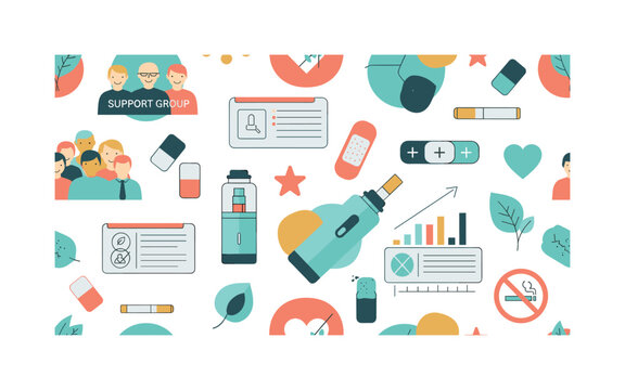 smoking reduction programs seamless pattern, support groups, nicotine gums, patches, e-cigarettes, motivational charts and health icons arranged in a repeating