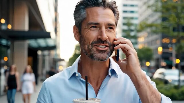 A handsome businessman talking on his phone while walking in the city. Smiling middle-aged man holds an iced coffee during a pleasant call outdoors