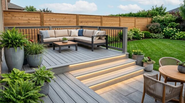 Modern backyard deck with wood furniture and comfortable sofa. Exterior patio design with stylish landscape lighting, lush green landscaping and wooden privacy fence. Luxury home garden.