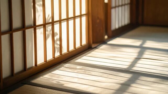 Japanese shoji screen and tatami floor with sunlight shadows