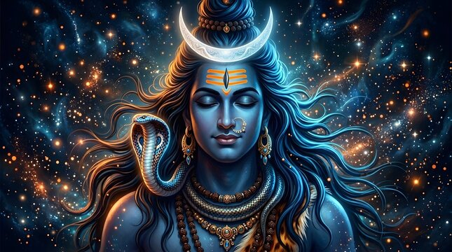 Divine depiction of Lord Shiva with cosmic background and serene expression