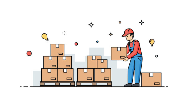 Warehouse logistics moment with boxes neatly stacked on pallets while a worker organizes them for storage. The composition emphasizes efficiency, organization