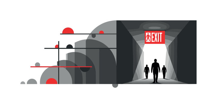 monochrome building hallway leading toward illuminated emergency exit with silhouettes moving forward, layered semicircles and geometric bars suggesting