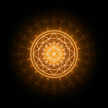Glowing Orange Sacred Geometry Mandala, Flower of Life and Merkaba Symbol on Black Background