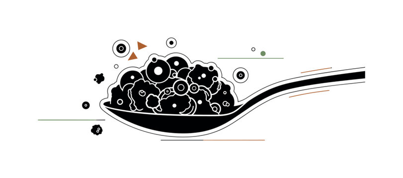 Black and white side view of stuffing being lifted dramatically by a spoon, crumbs stylized as sharp geometric fragments and circular dots, thin linear accents
