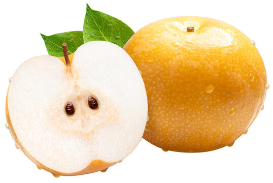 Fresh Snow pear or Nashi pears water droplets on white background, Korea pear fresh fruit with slices isolated on white background. PNG File