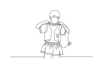 Fototapeta premium Kids Upcycling Old Clothes. Minimalistic one-line drawing child transforming an old shirt into a new creative outfit, continuous single black line on white