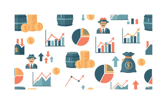 commodity exchange icons seamless pattern, barrels, coins, graphs, traders, sacks, charts and market trend symbols arranged in a repeating pattern, white