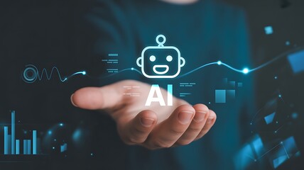 Obraz premium AI Concept A Digital Illustration of Artificial Intelligence Symbol Hovering Above a Hand with Data Visualizations