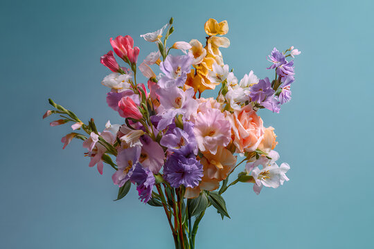 Colorful flowers in a vase with a blue background during daylight