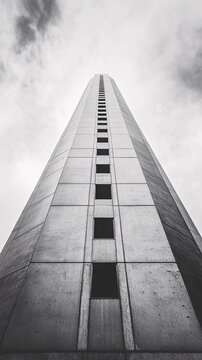 Looking up at a towering brutalist concrete skyscraper