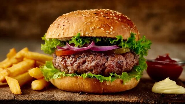 Juicy cheeseburger with fries served on rustic wooden table showcasing delicious fast food meal with fresh lettuce tomato and melted cheese