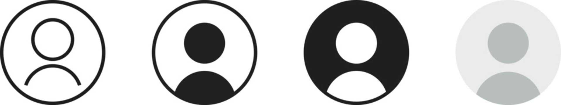 Circular person avatar set for website interface featuring outline and solid styles in black and grey tones suitable for user identification and member profile photos in digital applications