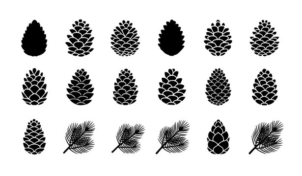 A set of black pinecone and pine needle silhouettes on a white background