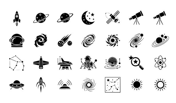 A collection of black and white space icons and symbols