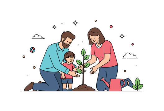Family planting a young tree parents guiding a child while placing a sapling into the ground with a watering can ready nearby. The composition highlights