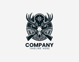 Obraz premium Deer skull with crossed rifles and target black vector logo illustration isolated on white background