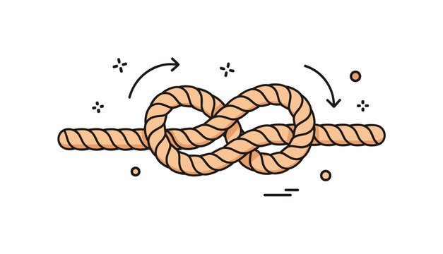 Rope tangle knot displayed as a thick rounded rope tied into a complex loop, with subtle directional arrows hinting at the process of untwisting. The scene