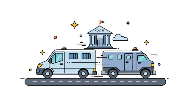 Prisoner transport van on the road with a compact armored style vehicle moving forward while a small courthouse icon appears in the background. The scene