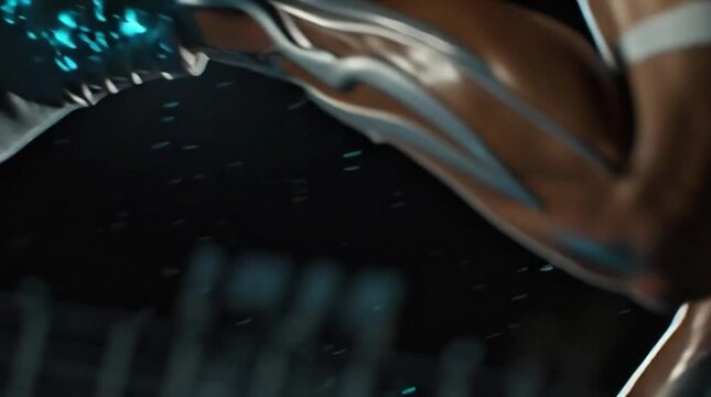Futuristic Biomechanical Athlete Explosive Start with Blue Energy