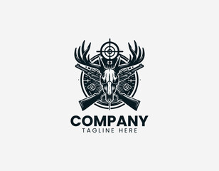 Obraz premium Deer skull with crossed rifles and target black vector logo illustration isolated on white background