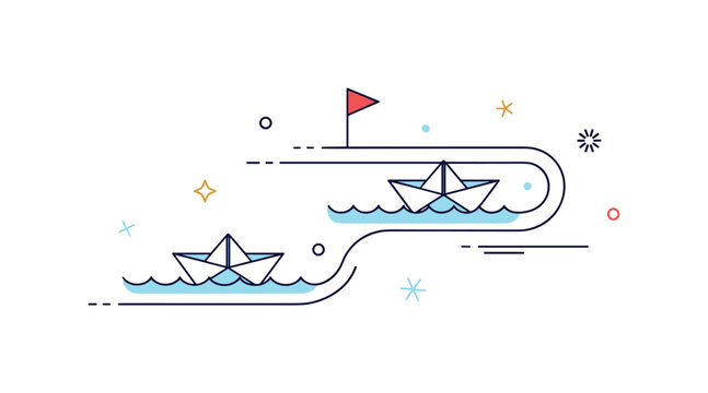 Paper boat competition illustrated by two small boats floating along a curved water path with a tiny flag marker suggesting a playful finish line. Fun visual