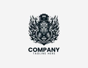 Obraz premium Medieval knight helmet with cross symbols and smoke elements black vector logo illustration isolated on white background