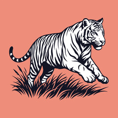 Obraz premium Prowling Tiger Vector Illustration in Detailed Woodcut Style with Grass Silhouette on Pink Background