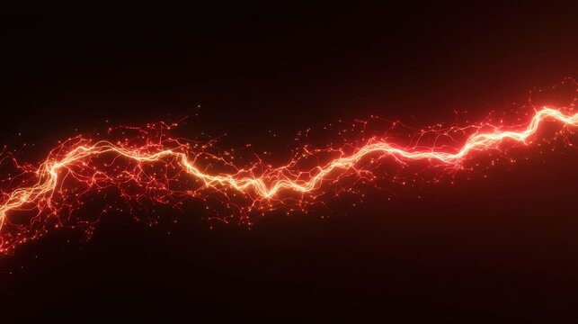 Glowing red electric lightning strike on dark background. Abstract plasma discharge or power bolt. Concept of high voltage energy, electricity, storm, science, danger and physical force.
