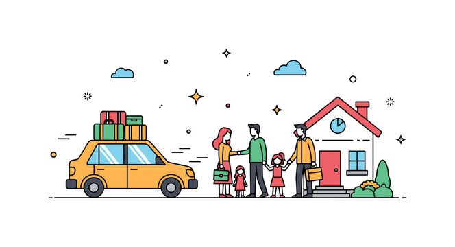 Family reunion travel journey scene with a car packed with luggage arriving at a small home while family members greet each other warmly. The composition
